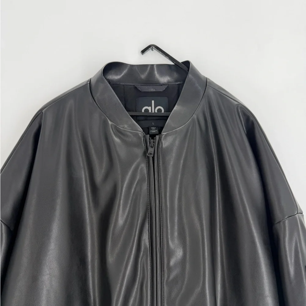 Alo Black Oversized Faux Leather Premier Bomber Jacket